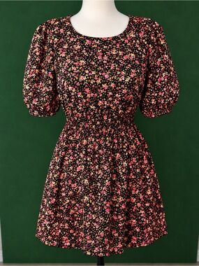 Old Navy Black Floral Smocked Mini Dress with Pink & Yellow Flowers